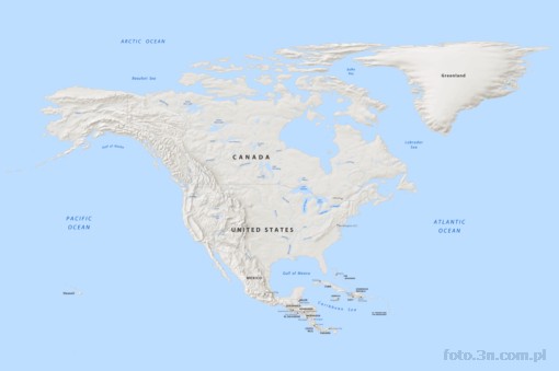 mapa; kontynent; Ameryka Pó³nocna; rze¼ba terenu; Stany Zjednoczone; Kanada; Grenlandia