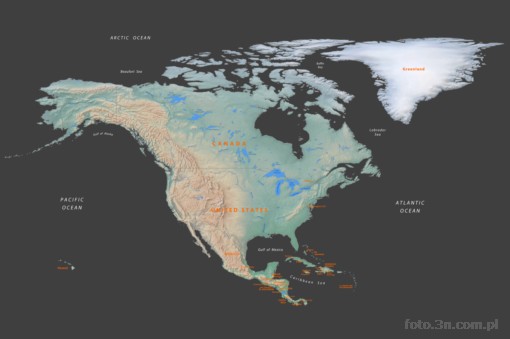 mapa; kontynent; Ameryka Pó³nocna; rze¼ba terenu; Stany Zjednoczone; Kanada; Grenlandia
